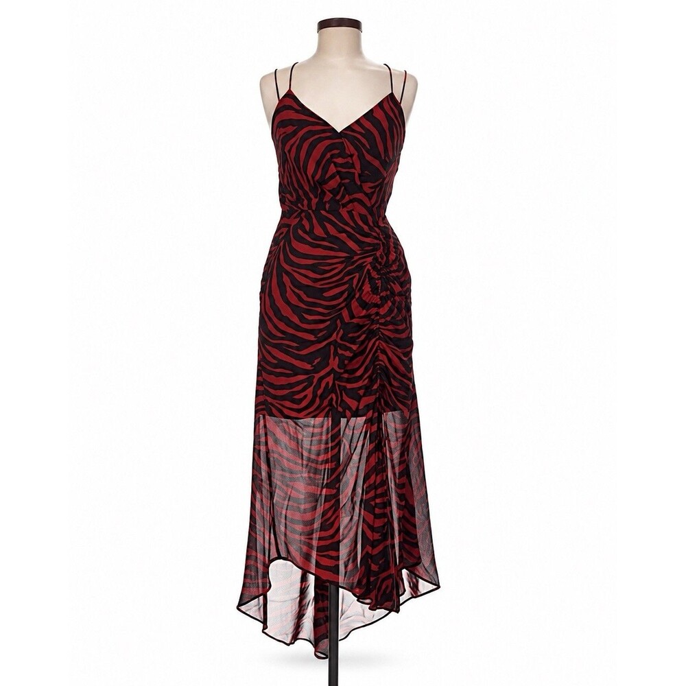 WAYF Women’s Size 6 Red Black Zebra Print Ruched High Low Midi Dress NWT